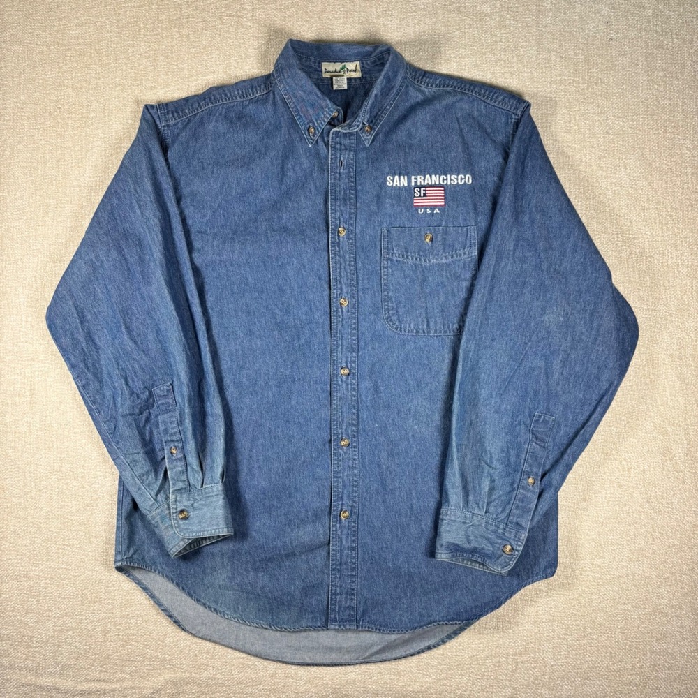 Denim Shirt Mens Large Blue Long Sleeve San Francisco USA Embroidery 90s Relaxed - Picture 1 of 7